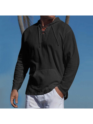 Mens Long Sleeve Linen T Shirts Summer Solid Loose Casual Blouse Hooded Tops Tee
