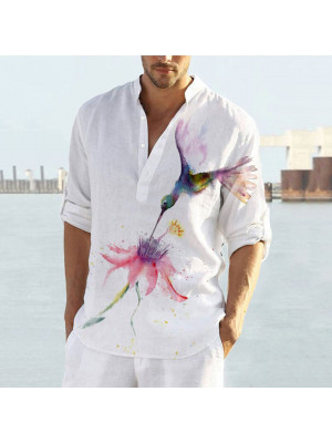 Mens Long Sleeve Linen Shirts Summer Loose Casual Dress Shirt Blouse Print Tops