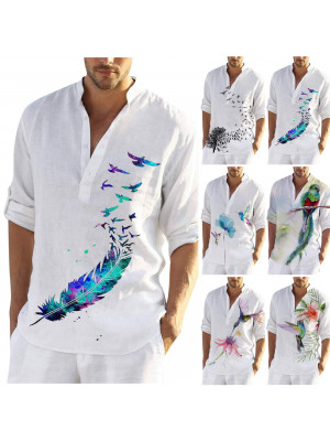 Mens Long Sleeve Linen Shirts Summer Loose Casual Dress Shirt Blouse Print Tops