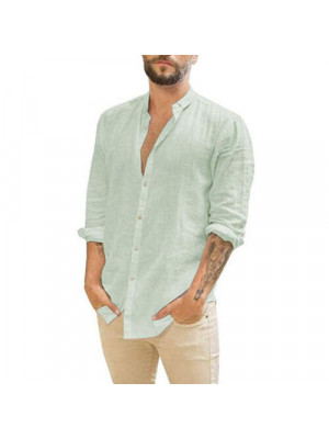 Mens Long Sleeve Cotton Linen Shirt Summer Solid Loose Casual Shirt Blouse Tops