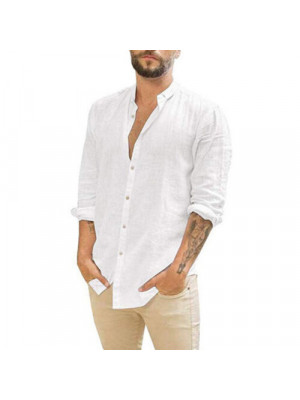 Mens Long Sleeve Cotton Linen Shirt Summer Solid Loose Casual Shirt Blouse Tops