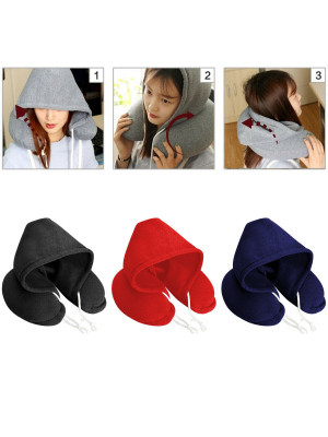 Adults Hooded Travel Neck Pillow Hoody Flight Cushion Support Soft Comfortable