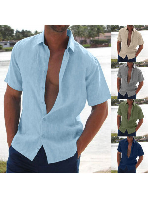 Mens Short Sleeve Linen Shirts Summer Solid Loose Casual Shirt Blouse Tee Tops