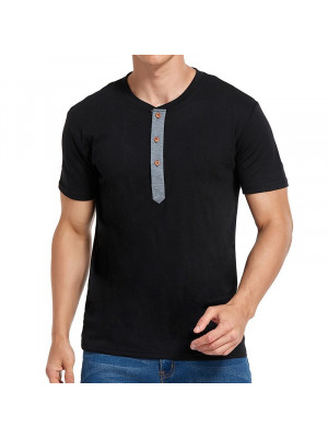 Mens Summer Short Sleeve T-shirt Causal Solid Henry Shirt Tops Buttons Blouse