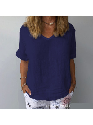 Summer Womens Cotton Linen Tunic Blouse Tops Ladies Short Sleeve Shirt Plus Size