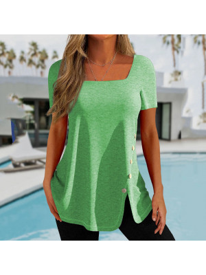Ladies Summer Boho Solid Tops Womens Causal Short Sleeve U-Neck T-shirt Blouse