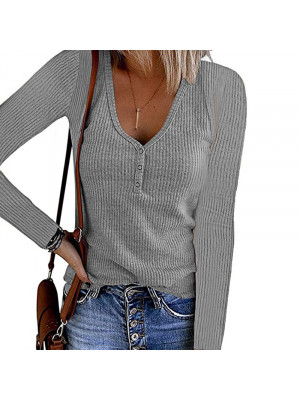 Ladies Summer Boho Long Sleeve T-Shirt Tops Womens Causal Solid Fit Tee Blouse
