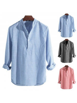 Men's Cotton Linen Striped Shirt Summer Beach Long Sleeve Tops Retro T-Shirt Tee