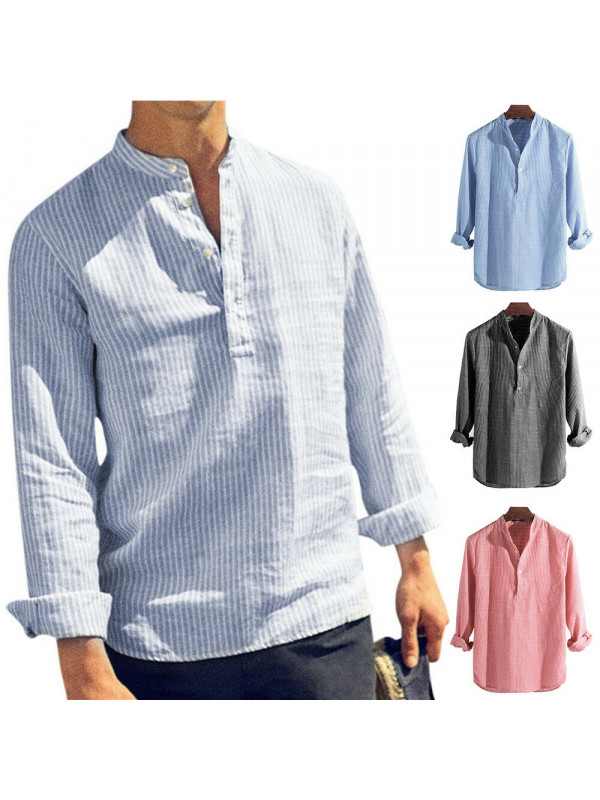 Men's Cotton Linen Striped Shirt Summer Beach Long Sleeve Tops Retro T-Shirt Tee