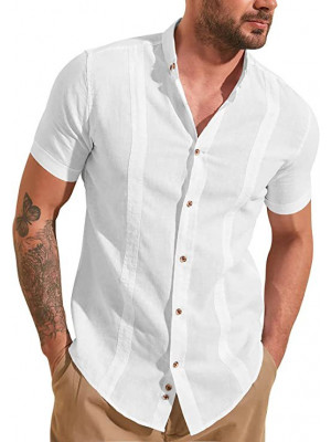 Mens Linen Style Short Sleeve Button Down Shirts Loose Casual Beach Blouse Tops