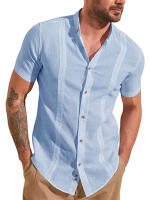 Mens Linen Style Short Sleeve Button Down Shirts Loose Casual Beach Blouse Tops