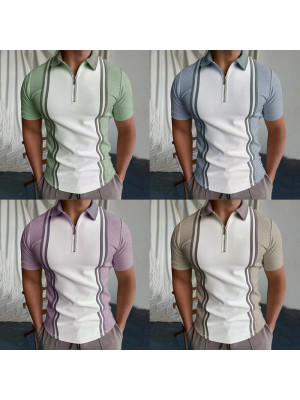Mens Short Sleeve Polo Shirts Casual Business Golf Zipper Slim Fit Tops T-Shirts