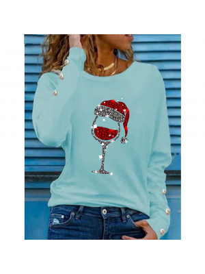 Womens Xmas Christmas Wine Glass Long Sleeve T Shirt Blouse Casual Pullover Tops