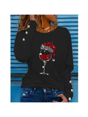 Womens Xmas Christmas Wine Glass Long Sleeve T Shirt Blouse Casual Pullover Tops