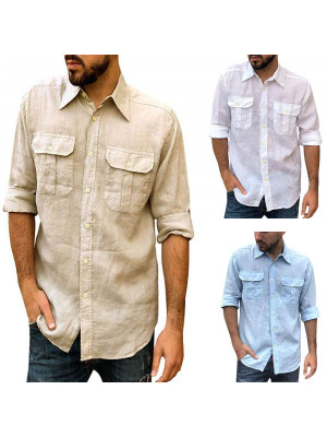 Mens Tops Casual Cotton Linen Blouse Shirt Long Sleeve Button Shirts Down Summer