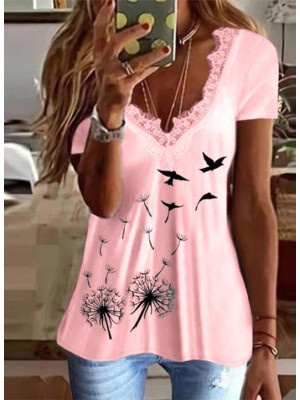 Plus Size Women Summer Lace Swing Tops T-Shirt Ladies V Neck Casual Tunic Blouse