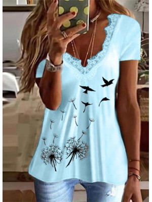 Plus Size Women Summer Lace Swing Tops T-Shirt Ladies V Neck Casual Tunic Blouse