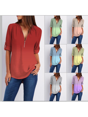 Ladies Autumn Gradient Long Sleeve Tops Womens Plain V-neck T-shirt Blouse