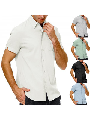 Mens Short Sleeve Linen Shirts Summer Casual Loose Solid Dress Shirt Blouse Tops