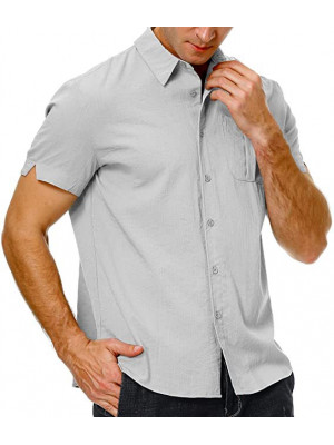 Mens Short Sleeve Linen Shirts Summer Casual Loose Solid Dress Shirt Blouse Tops