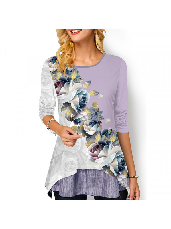 Womens Basic Pullover Loose Blouse Ladies T Shirt Tee Floral Long Sleeve Tops