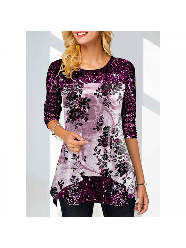 Womens Basic Pullover Loose Blouse Ladies T Shirt Tee Floral Long Sleeve Tops