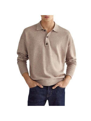 Mens T-Shirt Long Sleeve Pique T-Shirt Tipping Collar Smart Casual Shirt Tops