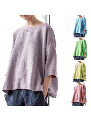 Summer Womens Cotton Linen Loose Blouse Tops Ladies Short Sleeve Shirt Plus Size