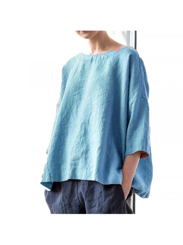 Summer Womens Cotton Linen Loose Blouse Tops Ladies Short Sleeve Shirt Plus Size