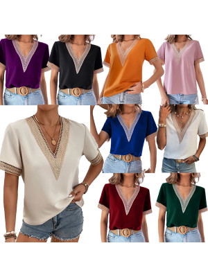 Ladies Summer Short Sleeve V-Neck T Shirt Tops Womens Plain Cutout Blouse Tee