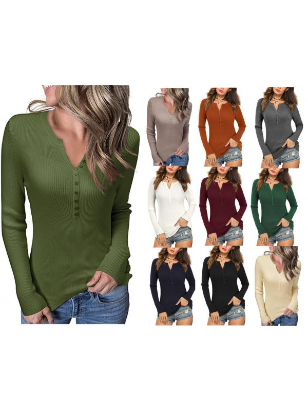 Ladies Womens V Neck Button T Shirt Tee Tops Blouse Long Sleeve Tight Shirts