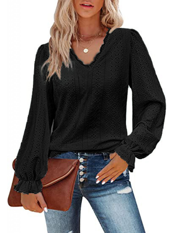 Autumn Blouse Casual Loose T-Shirt Long Sleeve Lace Hollow Blouse Womens Tops