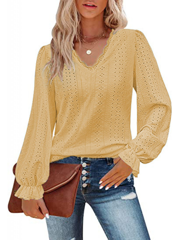 Autumn Blouse Casual Loose T-Shirt Long Sleeve Lace Hollow Blouse Womens Tops