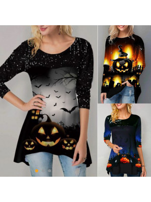 Halloween Womens Tops Shirts Blouse Plus Size Ladies Print Pullover T-shirt Tee