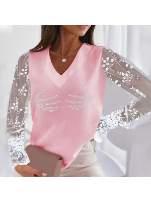 Ladies V Neck Long Lace Sleeve T Shirt Tops Womens Diamond  Printed Blouse Tee