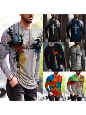 Mens Long Sleeve Print T Shirt Fit Crew Neck Muscle Tunic Casual Pullover Tops
