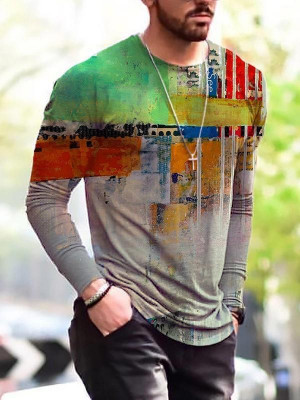 Mens Long Sleeve Print T Shirt Fit Crew Neck Muscle Tunic Casual Pullover Tops