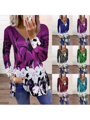 Plus Size Womens Zip V Neck Pullover T Shirt Ladies Long Sleeve Tops Blouse Tee