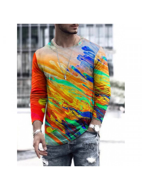 Mens Long Sleeve Print T-Shirt Tops Crew Neck Casual Muscle Tee Slim Fit Blouse