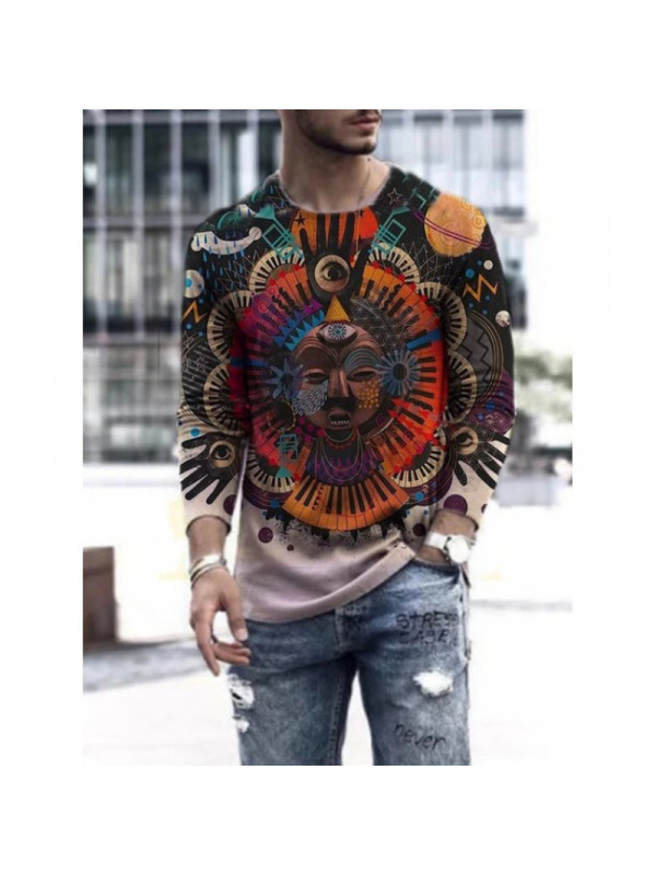 Mens Long Sleeve Print T-Shirt Tops Crew Neck Casual Muscle Tee Slim Fit Blouse