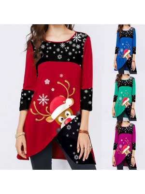 Christmas Womens Ladies Crew Neck Tunic Long Tops Casual Loose T-Shirts Blouse