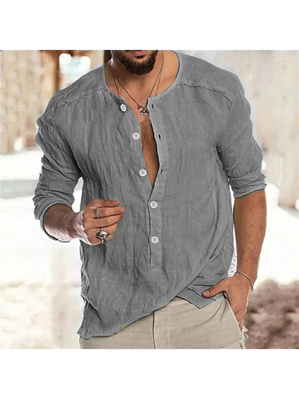 Mens Casual Grandad Collar Long Sleeve Henley Plain T-shirts Button Loose Shirt