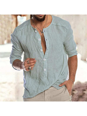 Mens Casual Grandad Collar Long Sleeve Henley Plain T-shirts Button Loose Shirt