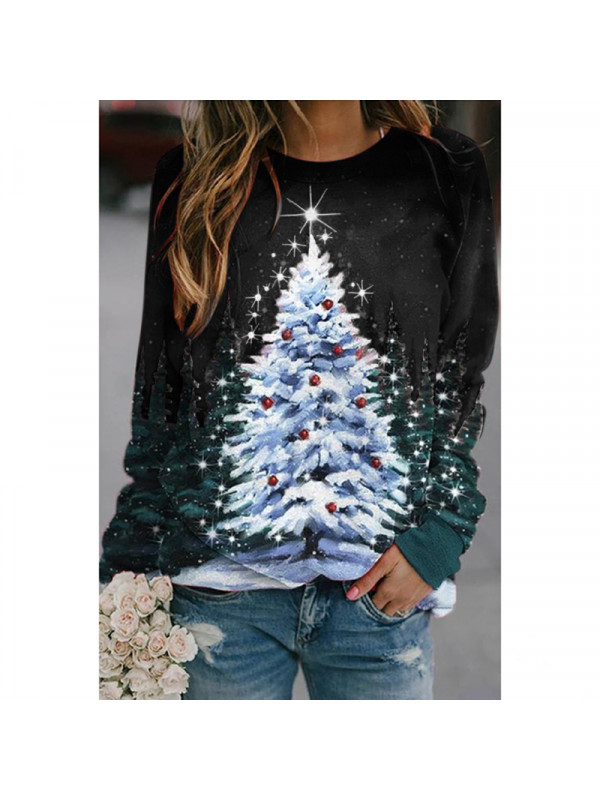 Christmas Womens Tops Ladies Crew Neck Long Sleeve Loose Pullover Blouse Shirts