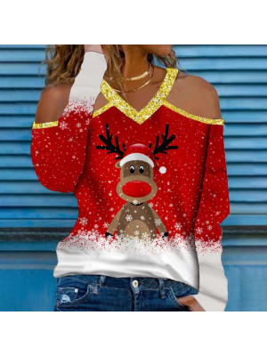 Ladies Womens Christmas Santa Print Pullover Tops Off Shoulder T Shirt Blouse UK