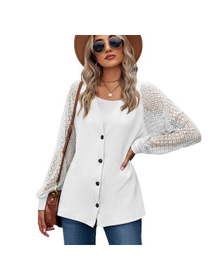 Ladies Long Sleeve Button T Shirt Tops Womens Plain Lace Stitching Blouse Tee