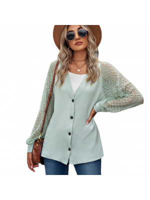 Ladies Long Sleeve Button T Shirt Tops Womens Plain Lace Stitching Blouse Tee