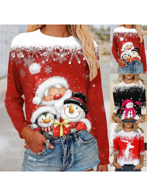 Ladies Womens Christmas Xmas Snowman Printed Casual Pullover Tops T Shirt Blouse