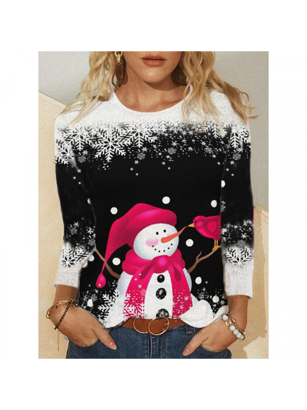 Ladies Womens Christmas Xmas Snowman Printed Casual Pullover Tops T Shirt Blouse