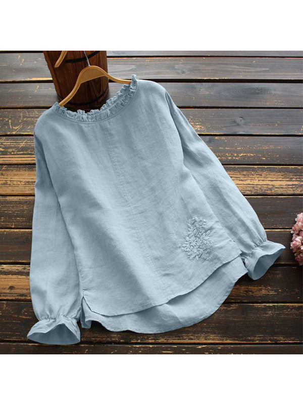 Ladies Long Sleeve Linen Blouse Womens Plain Baggy Tops Casual T-Shirt Cotton